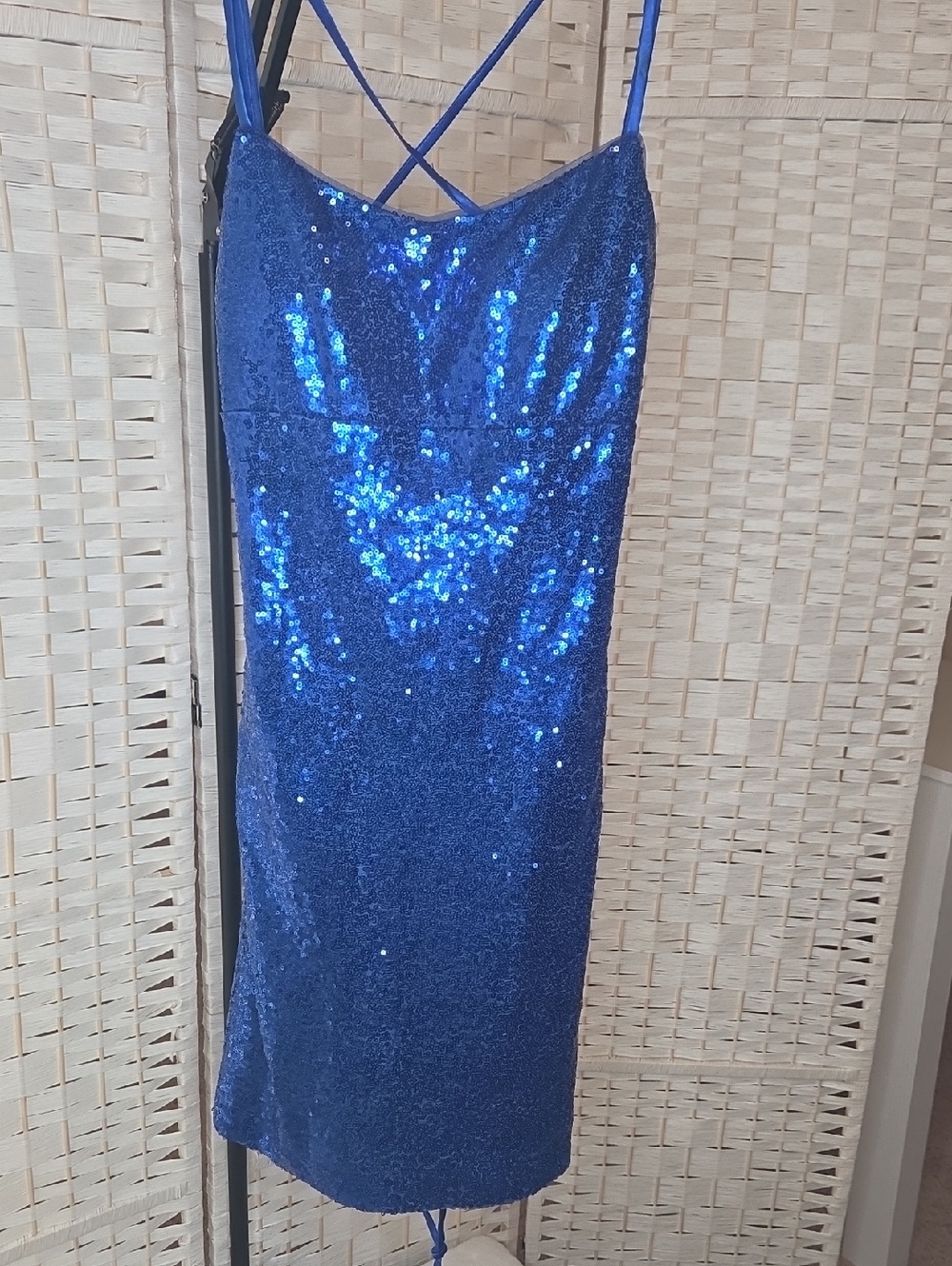 Blue Sequin Party Dress with Lace Up Back